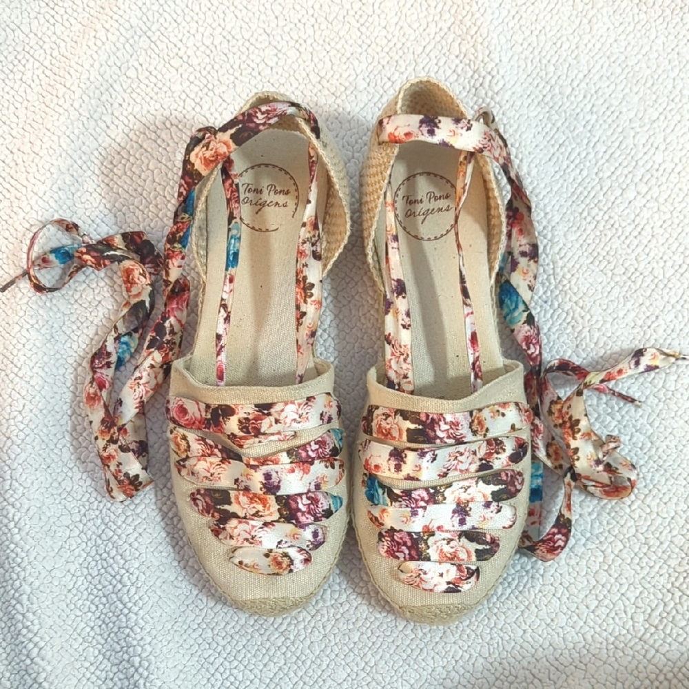 Toni Pons Tan Pink Floral Ribbon Lace Up‎ Canvas Espadrille Shoe Size 39